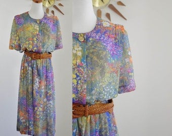 Vintage 80s Dress, Garden Party Floral Dress, Shirtwaist Dress, Flower Dress, Short Sleeve Dress, Pleated Skirt Dress, 1980s Dress, Large