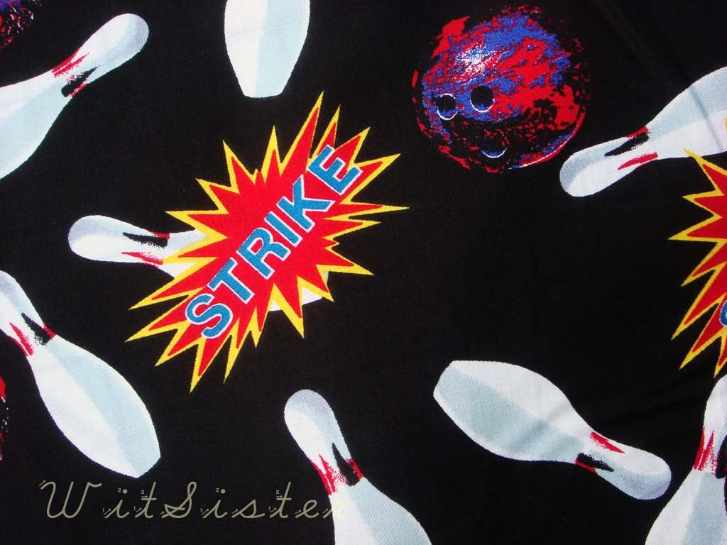 STRIKE Black Vintage Bowling Fabric Pins Balls 1yd BTY by the