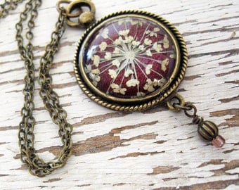 Real Pressed Flower Jewelry - Romantic Plum Queen Annes Lace Vintage Inspired Necklace
