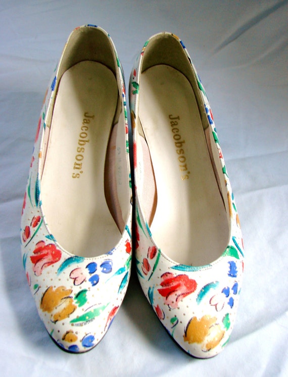 Flower Floral Shoes Wedge // vintage 80s floral wedge shoes 6