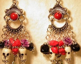 Day of the Dead Earrings, Sterling Silver and Pewter Bone Sugar Skull Jewelry, Dia de los Muertos Jewelry, Day of the Dead Jewelry OOAK