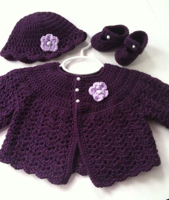 Crochet Baby Sweater Hat Booties Set Plum 3 to 6 months