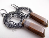 Sterling Silver Wire Wrapped Dangle Earring With Elongated  Warm Brown And Gray Tiger's Eye Drops.