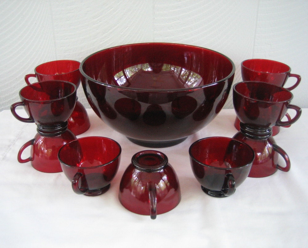 SALE. Vintage Ruby Red Punch Bowl and Cups. Anchor Hocking.