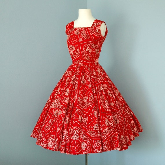 1950s Cotton Dress...Scarlet Red Cotton Bandana Fabric Dixie