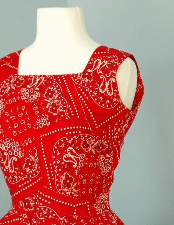 1950s Cotton Dress...Scarlet Red Cotton Bandana Fabric Dixie