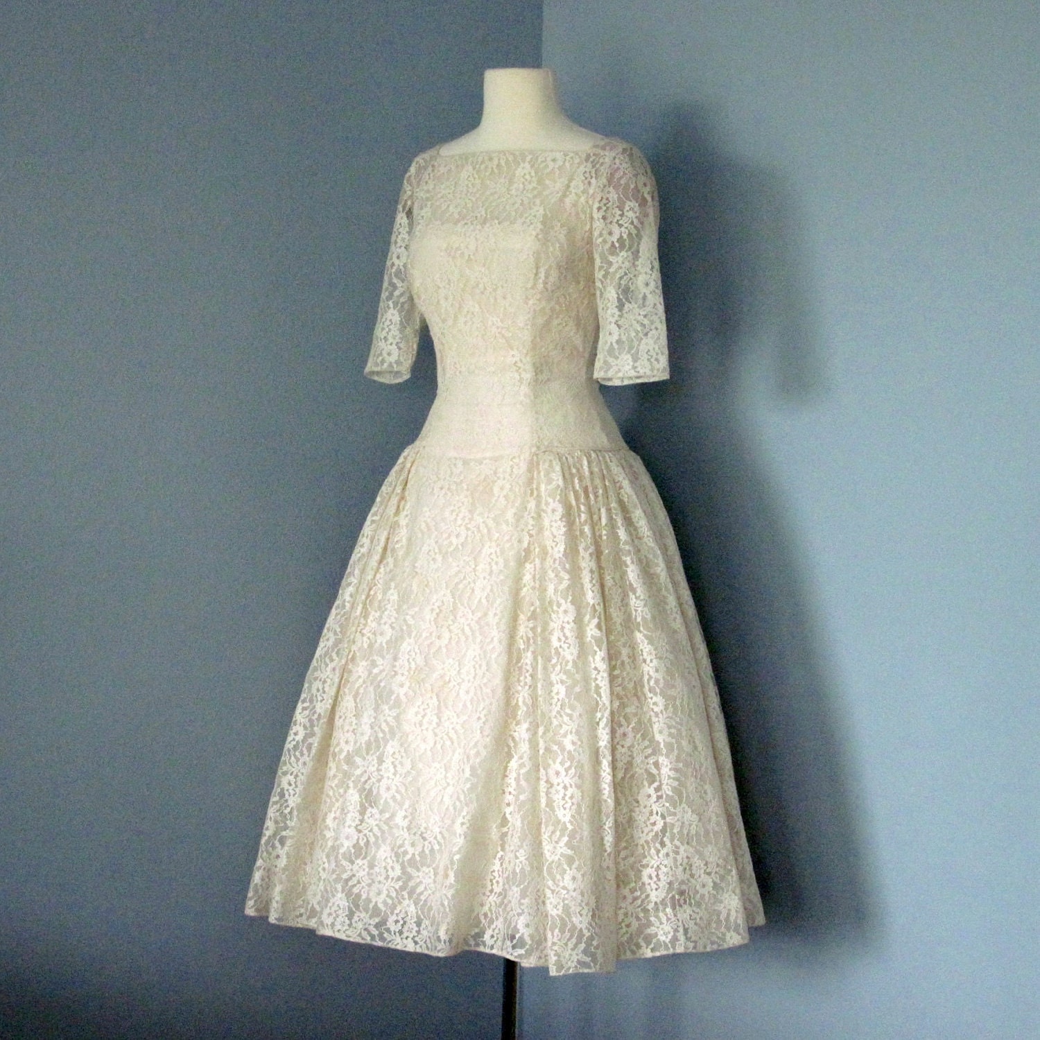 Vintage Lace Tea Length Wedding Dress...1950s Tea Length Ivory