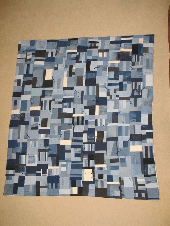 Blue Jean Quilt / Comforter with Ivory Fleece by KimmelArts