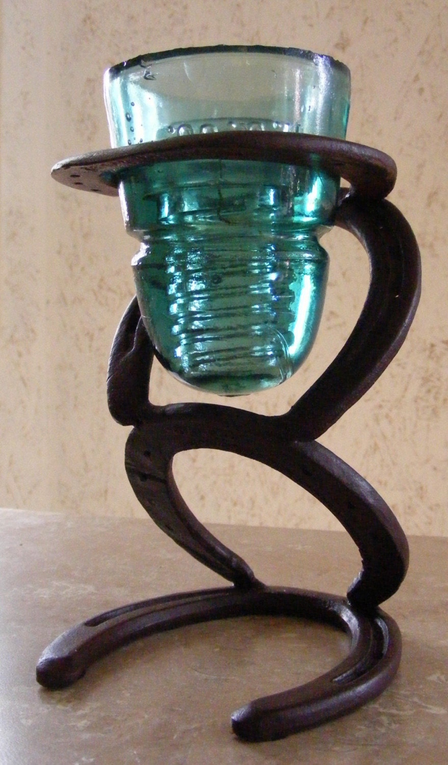 Horseshoe And Glass Insulator Candle Holder