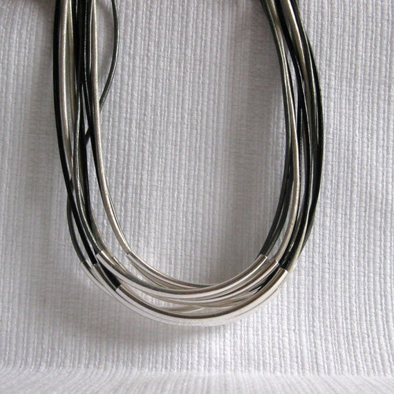 Items similar to Multi Strand Leather Necklace Silver Tubes (0100) on Etsy
