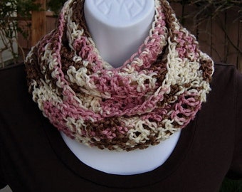 SUMMER SCARF Infinity Loop Cowl, Light Pink, Brown, Cream Multicolor, Soft Lightweight Crochet Knit Neck Warmer..Ready to Ship in 2 Days