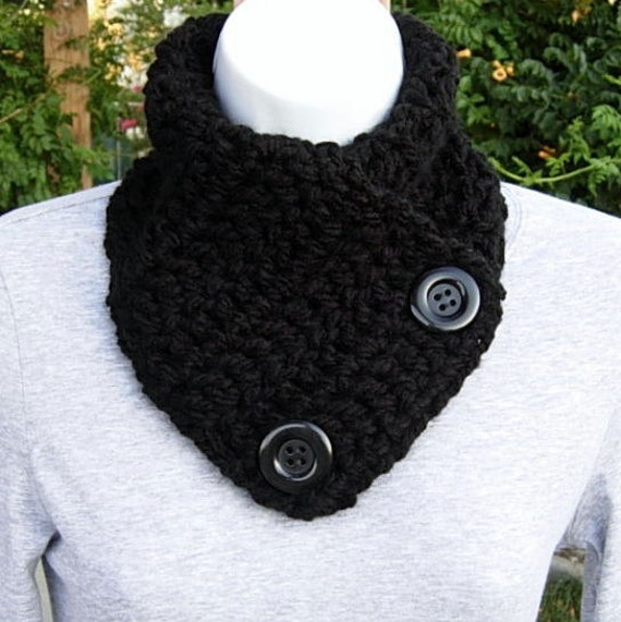 NECK WARMER SCARF Basic Solid Black w/ Black Buttons Super