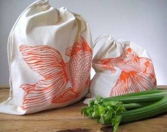 Reusable Cotton Produce Bags - Screen Printed Natural Cotton Produce Bags - Reusable and Washable - Eco Friendly - Grocery Bags - Goldfish