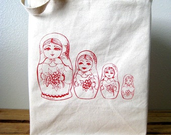 Screen Printed Recycled Cotton Shopper Tote - Reusable - Lightweight Canvas Tote Bag - Eco Friendly - Nesting Dolls Illustration