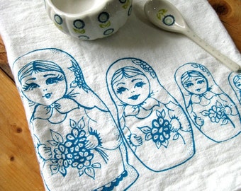 Tea Towel - Screen Printed Flour Sack Towel - Soft and Absorbent Kitchen Towel - Eco Friendly Cotton Towel - Nesting Dolls - Mid Century