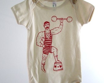 Organic Baby One Piece - Screen Printed Baby Clothing - Vintage Circus Strong Man - American Apparel Baby Bodysuit - Infant One Piece - Baby