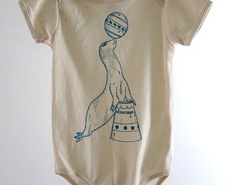 Organic Onesie - Hand Screen Printed American Apparel Baby Onesie - Vintage Circus Seal (You pick size)