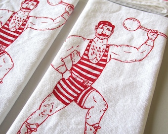 Cloth Napkins - Screen Printed Cloth Napkins - Eco Friendly Cotton Cloth Napkins - Vintage Circus Strong Man - Handmade Napkins - Reusable