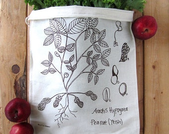 Reusable Cotton Produce Bags - Set of 2 - Screen Printed Natural Cotton Produce Bags - Eco Friendly - Grocery Bags - Botanical Peanut Plant