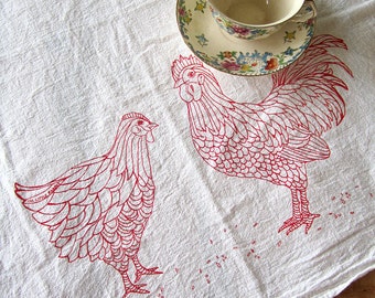 Tea Towel - Screen Printed Flour Sack Towel - Chicken - Rooster - Eco Friendly Cotton Towel - Classic Flour Sack - Kitchen Towel - Farmhouse