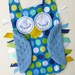 Mod Polka Dots OWL Ribbon Tag Baby Blanket in Blue, Green, Yellow and White with Blue Minky Blankie Lovey Lovie Baby Gift