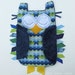 OWL Ribbon Tag Baby Blanket in Blues and Greens with Navy Blue Minky Blankie Lovey Lovie Baby Gift
