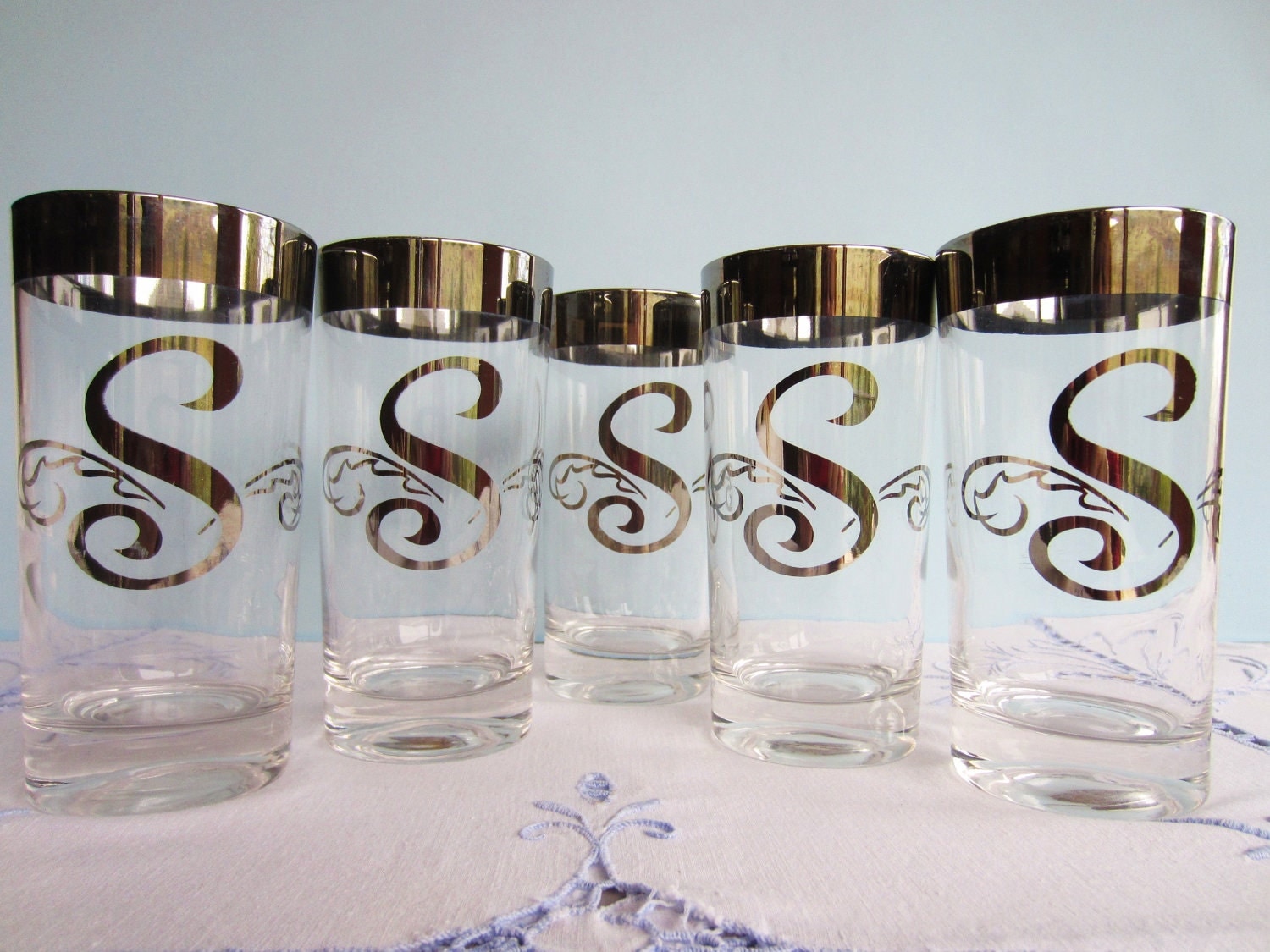 Silver Rim Glassware Monogrammed S Glasses Retro Barware