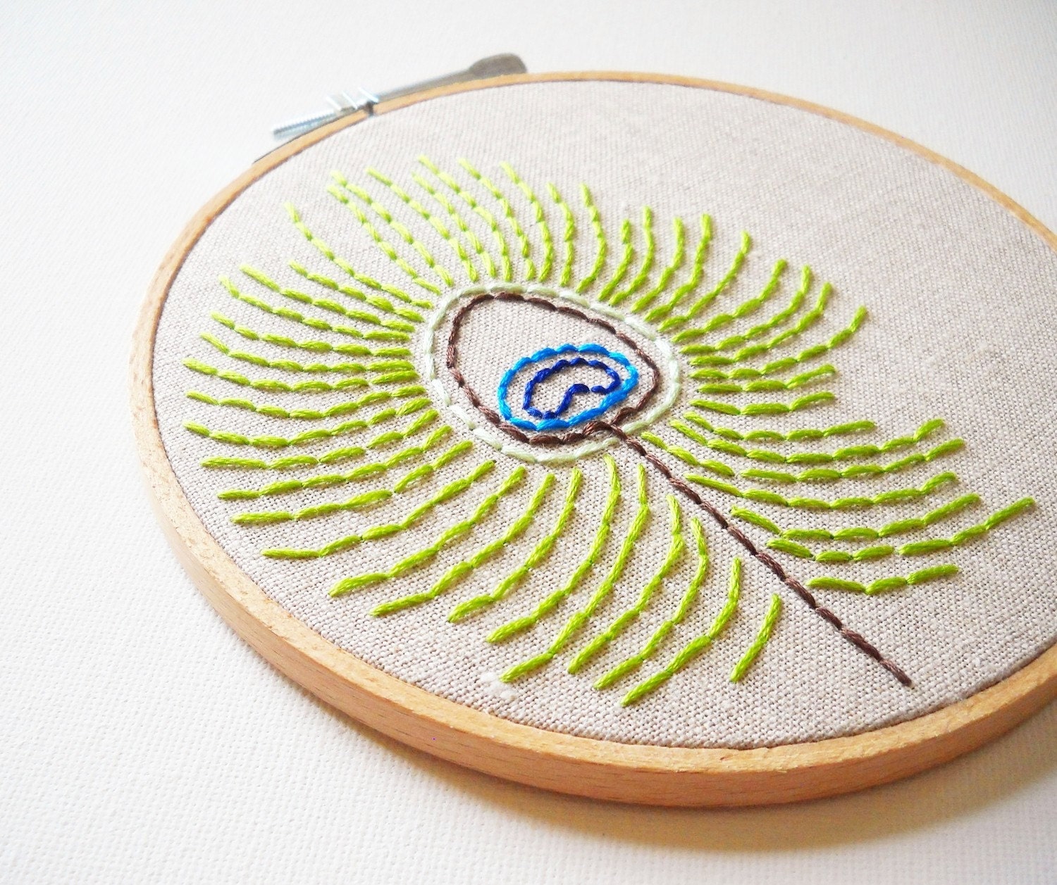 Peacock feather hand sewn embroidery hoop art Peacock feather hand sewn embroidery hoop art