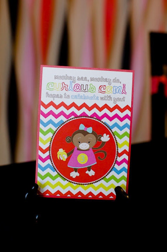 Girly Curious Monkey Birthday Party Invitation - Modern & Bright Chevron - Digital File Il_570xn
