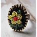 Vintage Flower Ring, Yellow, Black, Upcycled Needlepoint Jewelry