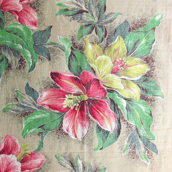 Vintage Tropical Floral Barkcloth Fabric Yardage 1950s