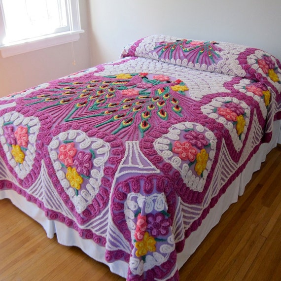 Vintage Peacock Chenille Bedspread Purple Double Peacock