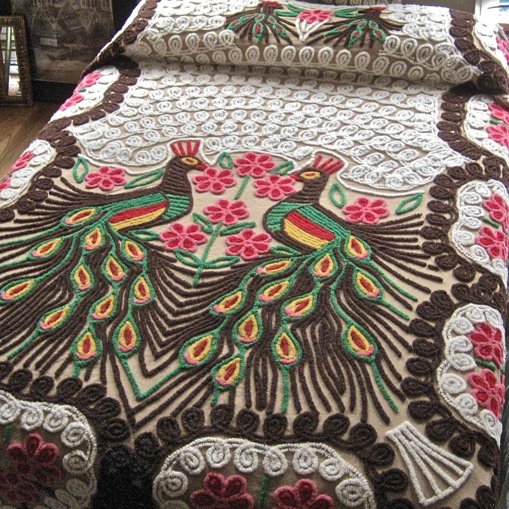 Vintage Peacock Chenille Bedspread