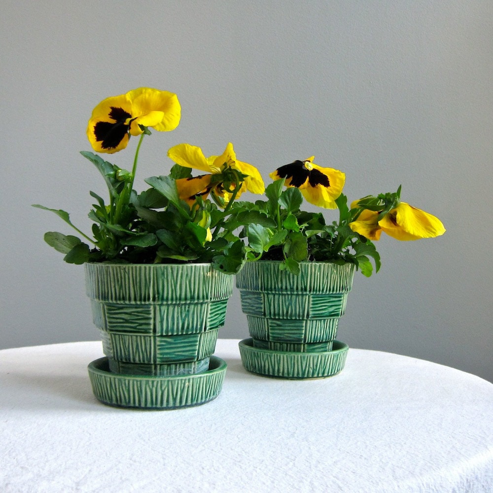 Two Vintage McCoy Pottery Flower Pots  in Green Small