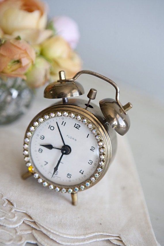 Items similar to little gold alarm clock with rhinestones / gems on Etsy