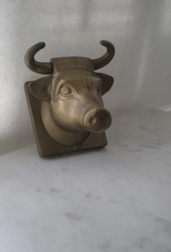 Vintage Brass Bull/Cow Head Hook/French Bistro