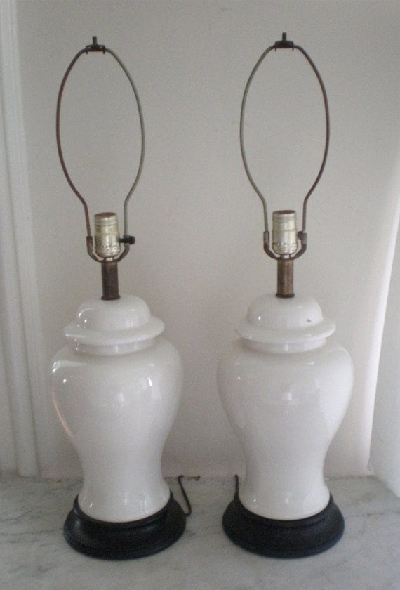 Pair Ceramic White Ginger Jar Table Lamps