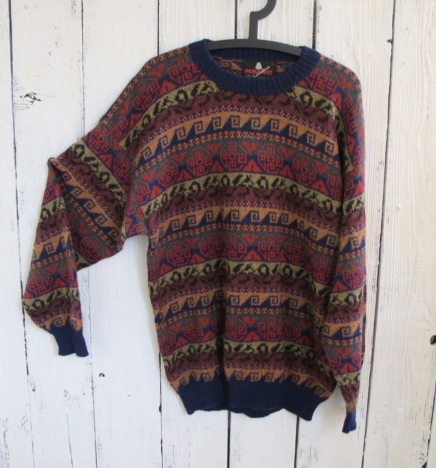 80s Peruvian Alpaca Sweater Geometric Design LARGE