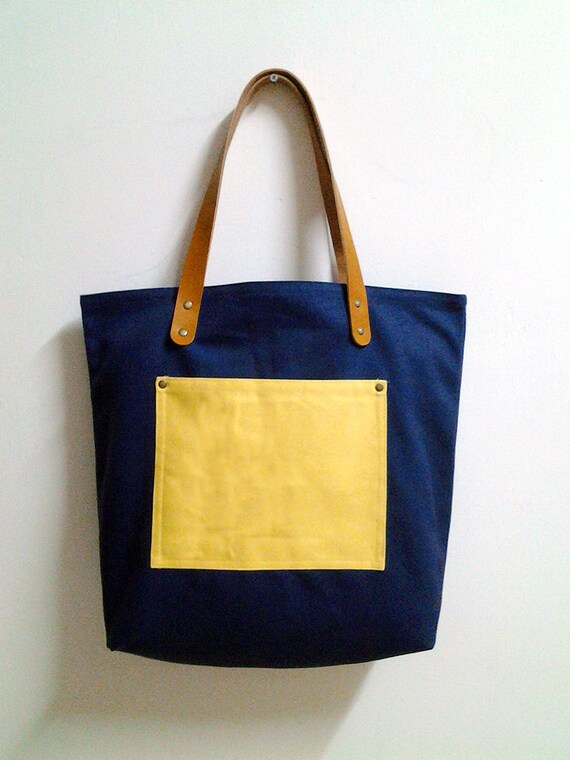 Items similar to Leathinity - Navy Blue Canvas Tote Bag w/ Genuine Leather Handles - Eco ...