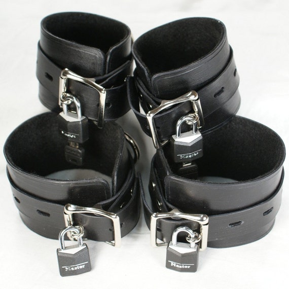 Locking Black Leather Cuffs