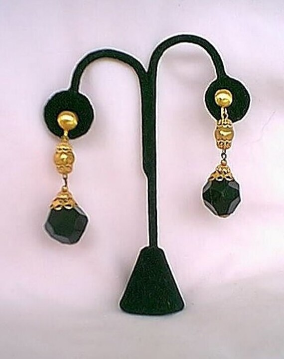 Vintage 1960s Mod Black Plastic Bead Drop Earrings w/ Gold