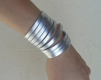 Sliced Silver Leather Cuff Bracelet
