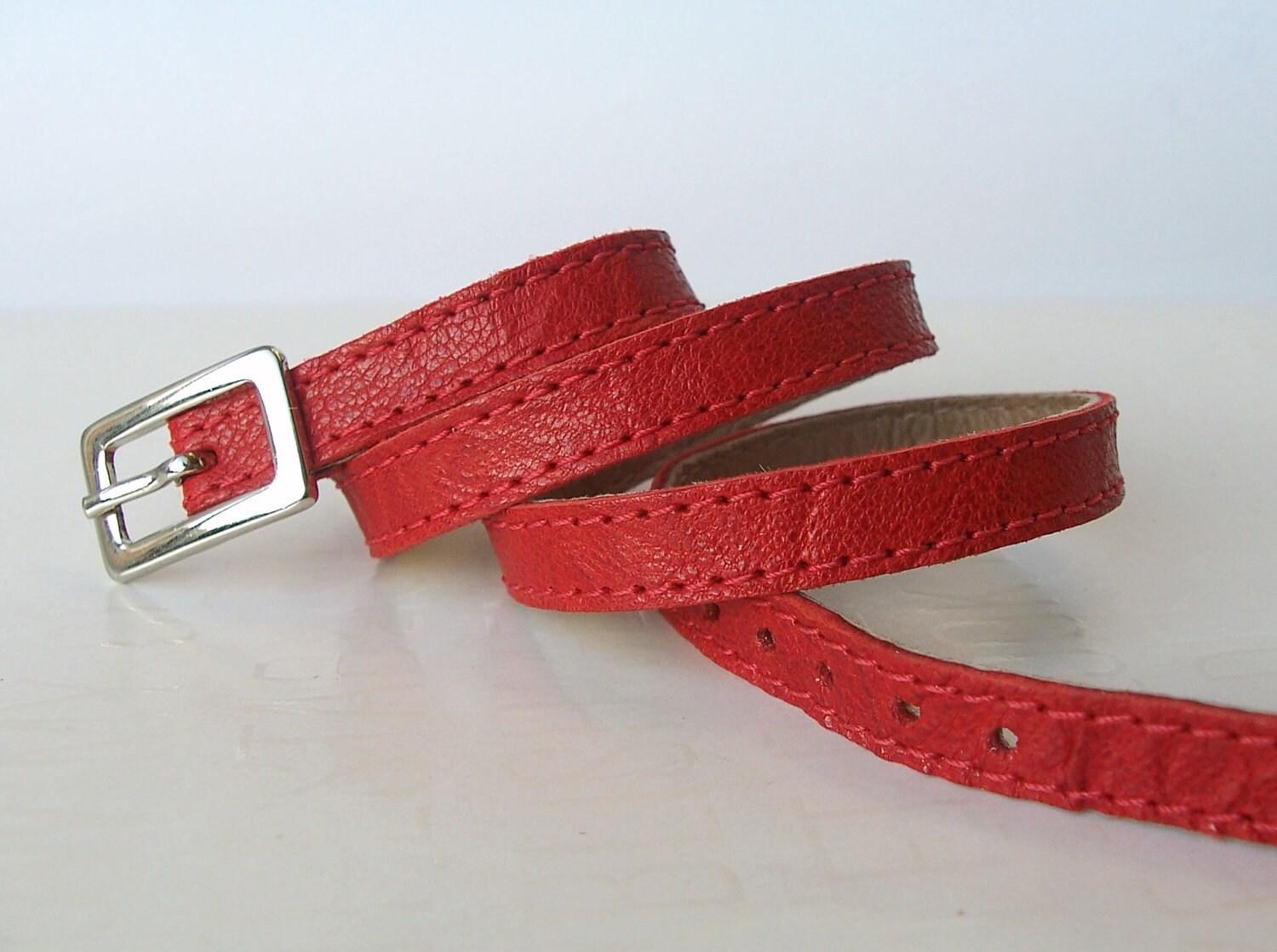 Narrow Red Leather Triple Wrap CuffBracelet