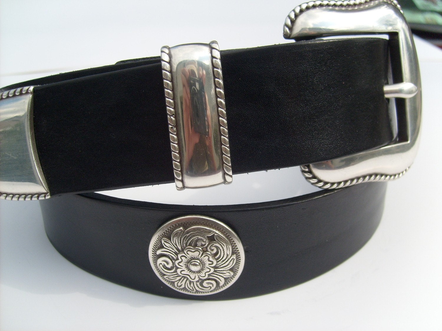 Black Western belt w/ Silver Plated Brass Buckle Set and