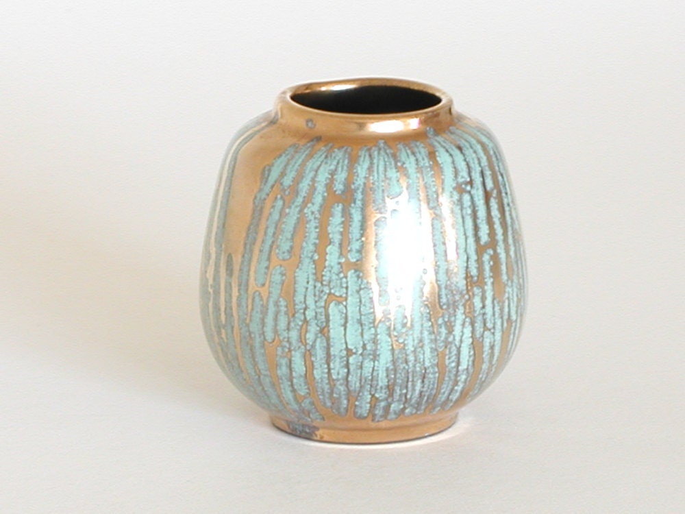 West German Pottery Vase Turquoise Matte Gold Mid Century