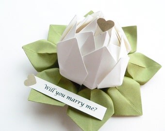 PERSONALIZED Message Origami Lotus Flower - White and Moss Green - gift box - proposal, 1st anniversary, baptism, christening, confirmation