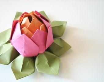 Bright Origami Lotus Flower -Pink, Orange and Moss Green - Gift, Decoration or Favor