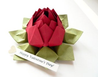PERSONALIZED Paper Flower - Origami Lotus Flower with Romantic Message in Deep Red and Moss Green with gift box for anniversary, I love you