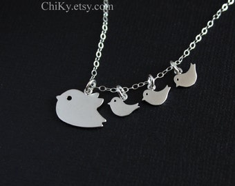 Bird necklace , family bird mommy and baby bird necklace - Sterling Silver, bird jewelry, mom necklace , Mother's Day gift , new baby gift