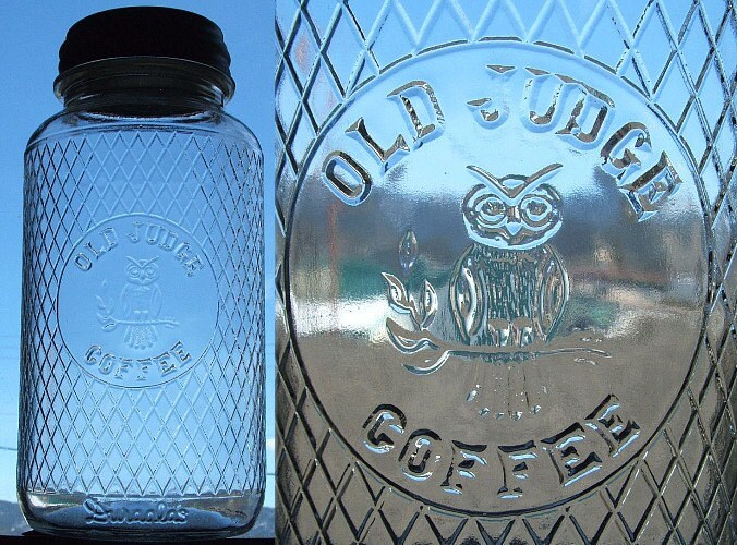Antique OLD JUDGE Coffee jar w/ excellent embossed pic of OWL